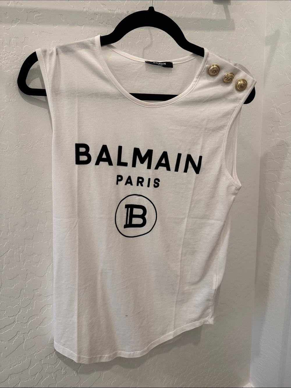 Balmain White Logo Tank with Gold Shoulder Buttons
